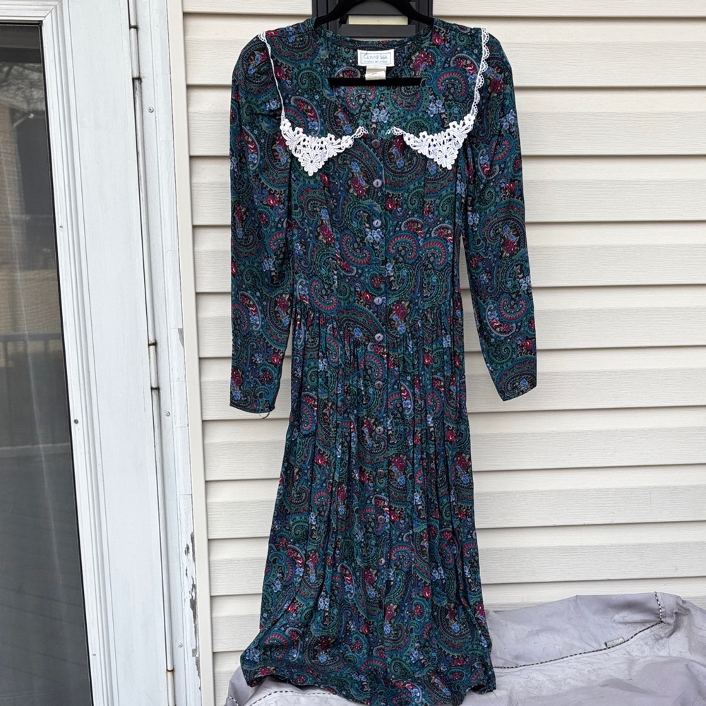 GUNNE SAX JESSICA MCCLINTOCK BLUE WHITE LACE Paisley Long Sleeve Dress-3-VINTAGE
